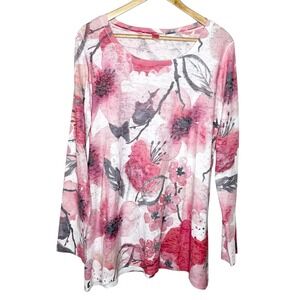 Before + Again Thermal Waffle Long Sleeve Tee Pink Floral Womens XL Knit Top